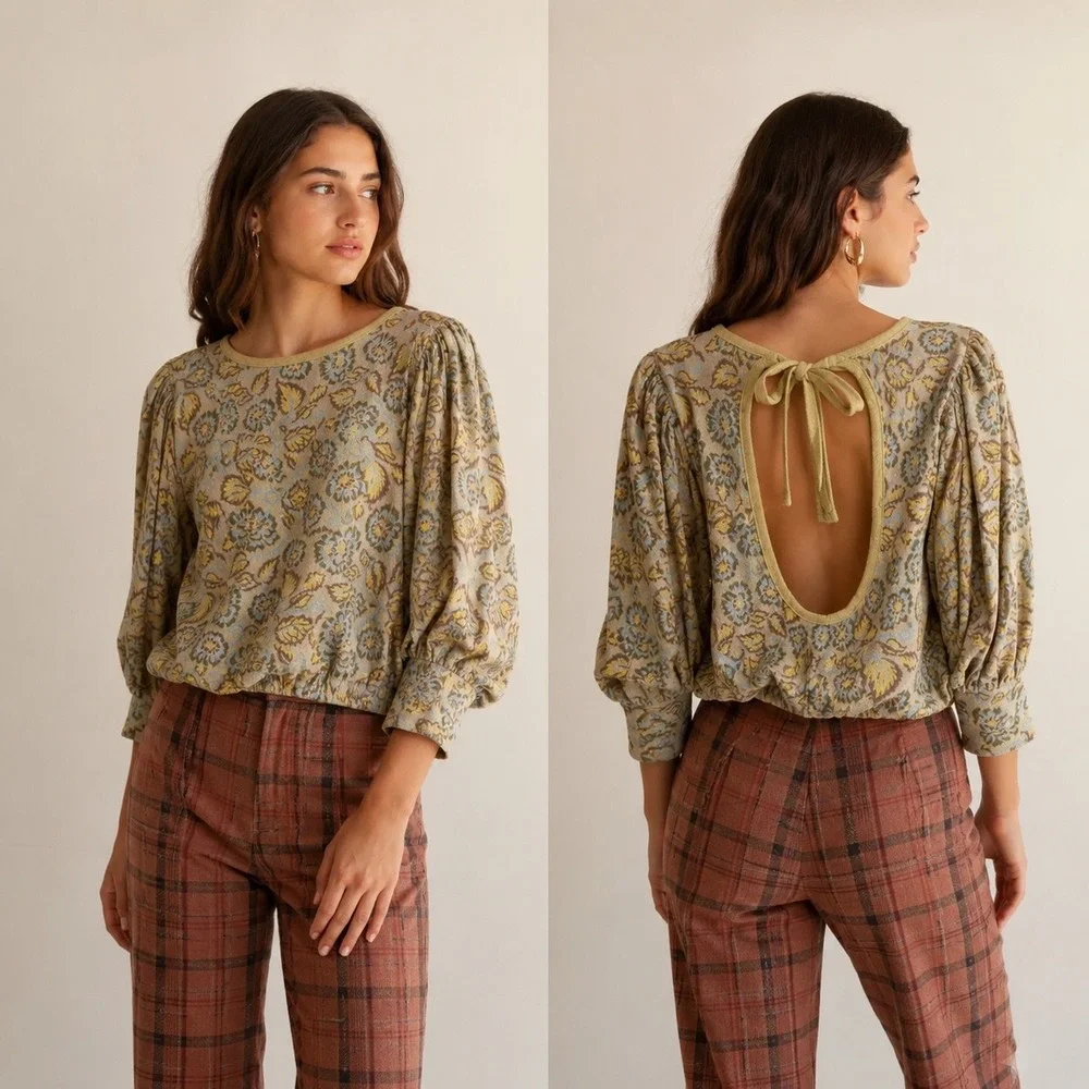Free People Womens Floral Top L Cotton Yellow Open Back Tie Boho Cottagecore